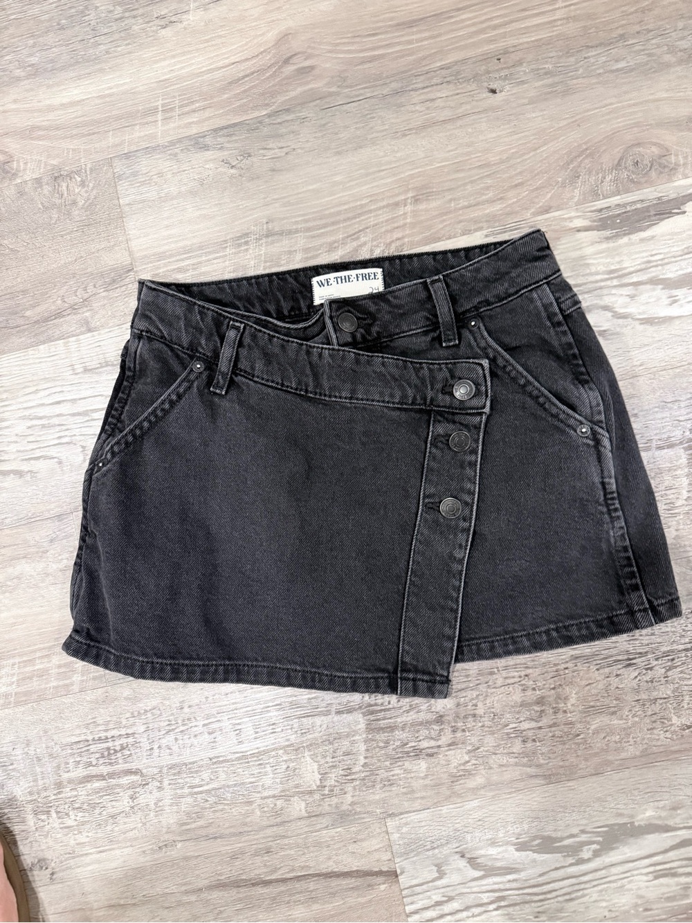 We The Free Black Asymmetrical Button Wynne Denim Mini Skirt